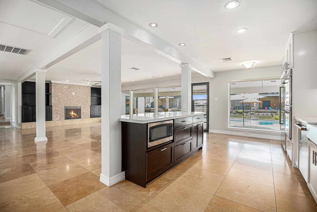 Fireplace, Interior, Kitchen, Recessed Lighting, Stainless Steel Appliances