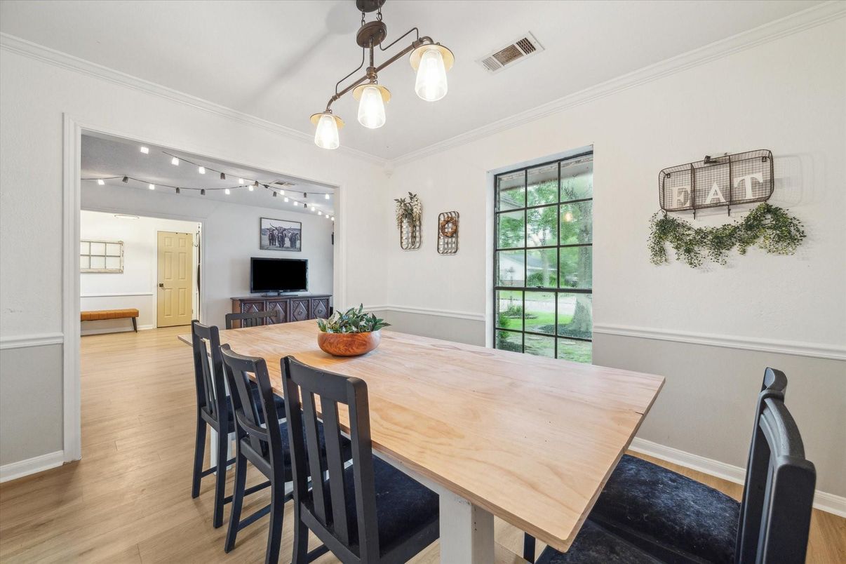 Dining room, Interior, Pendant Lights, Wood Texture Flooring