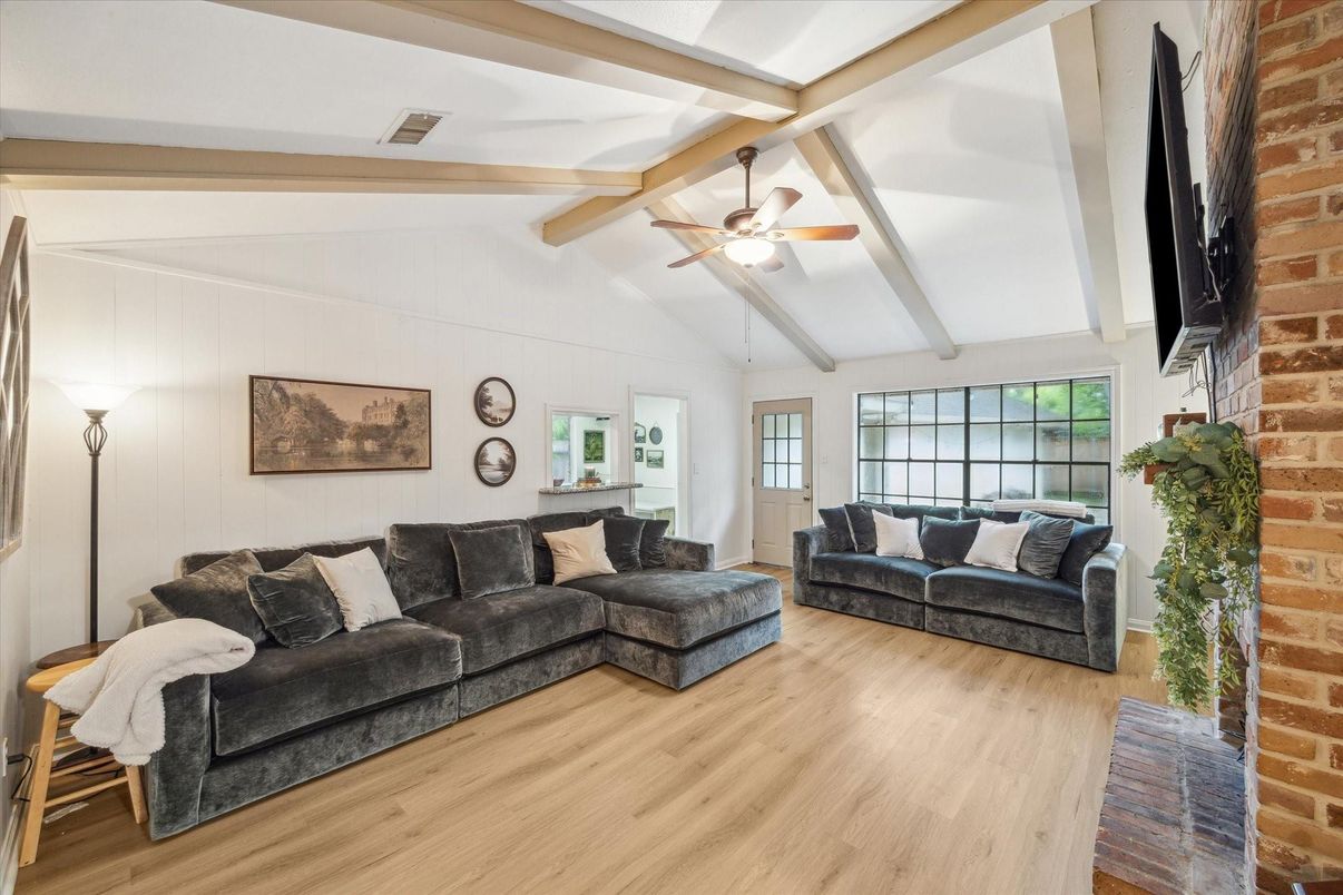 Fireplace, Interior, Living room, Stone Walls, Wooden Beams, Wood Texture Flooring