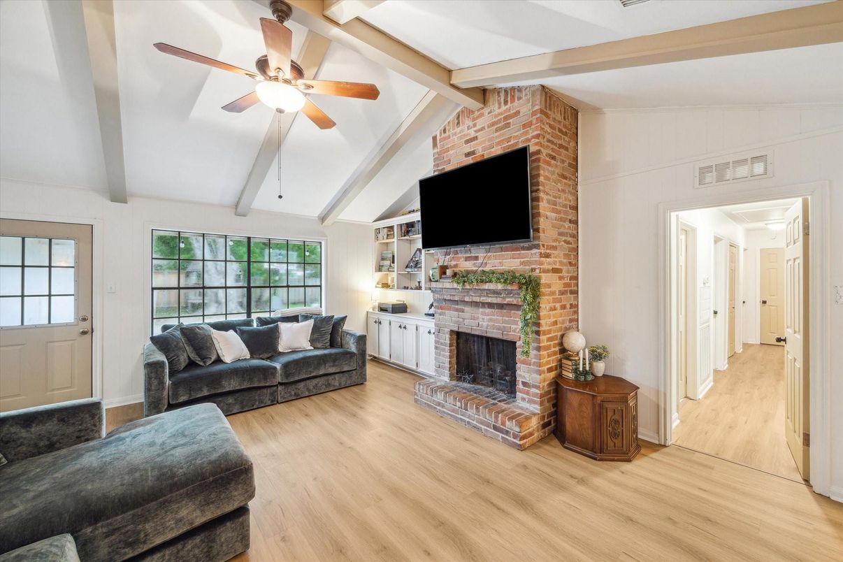 Fireplace, Interior, Living room, Stone Walls, Wood Texture Flooring