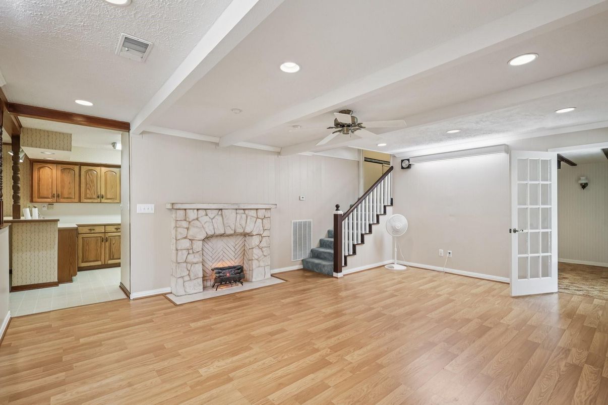Empty room, Fireplace, Interior, Recessed Lighting, Wood Texture Flooring