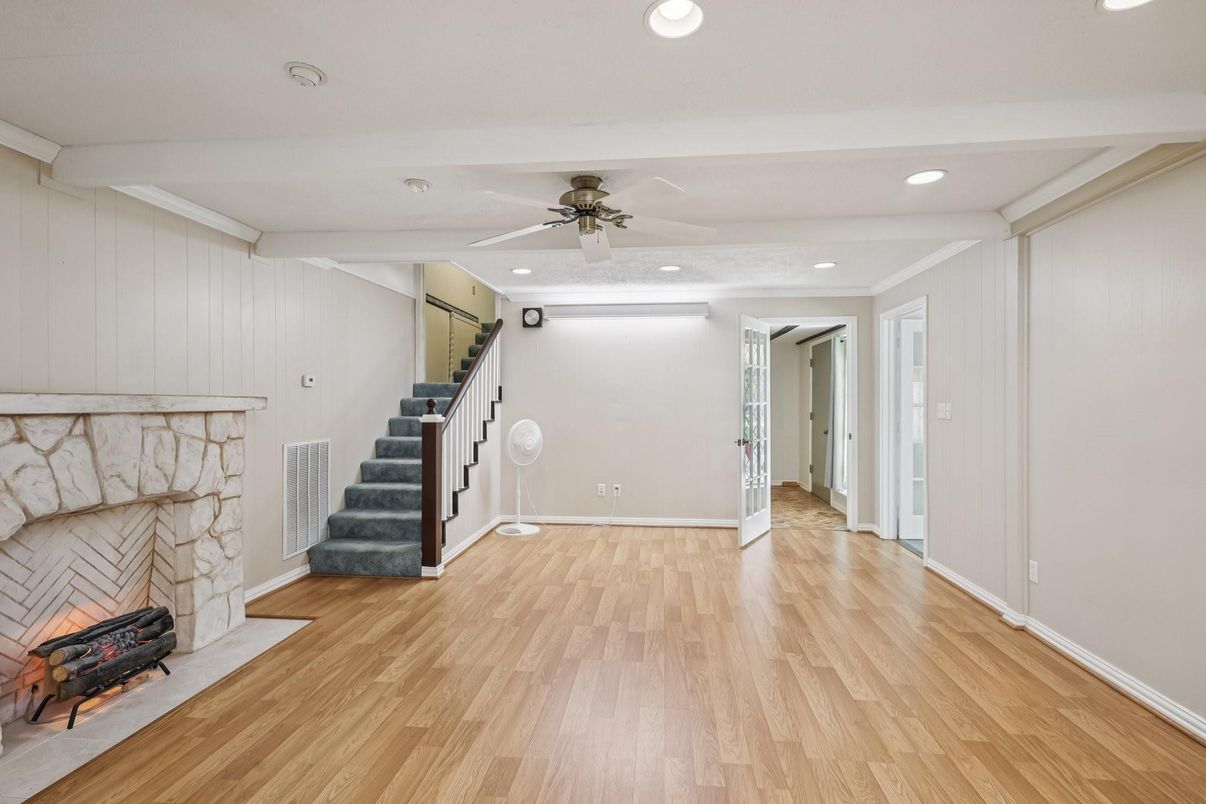 Fireplace, Interior, Recessed Lighting, Wood Texture Flooring