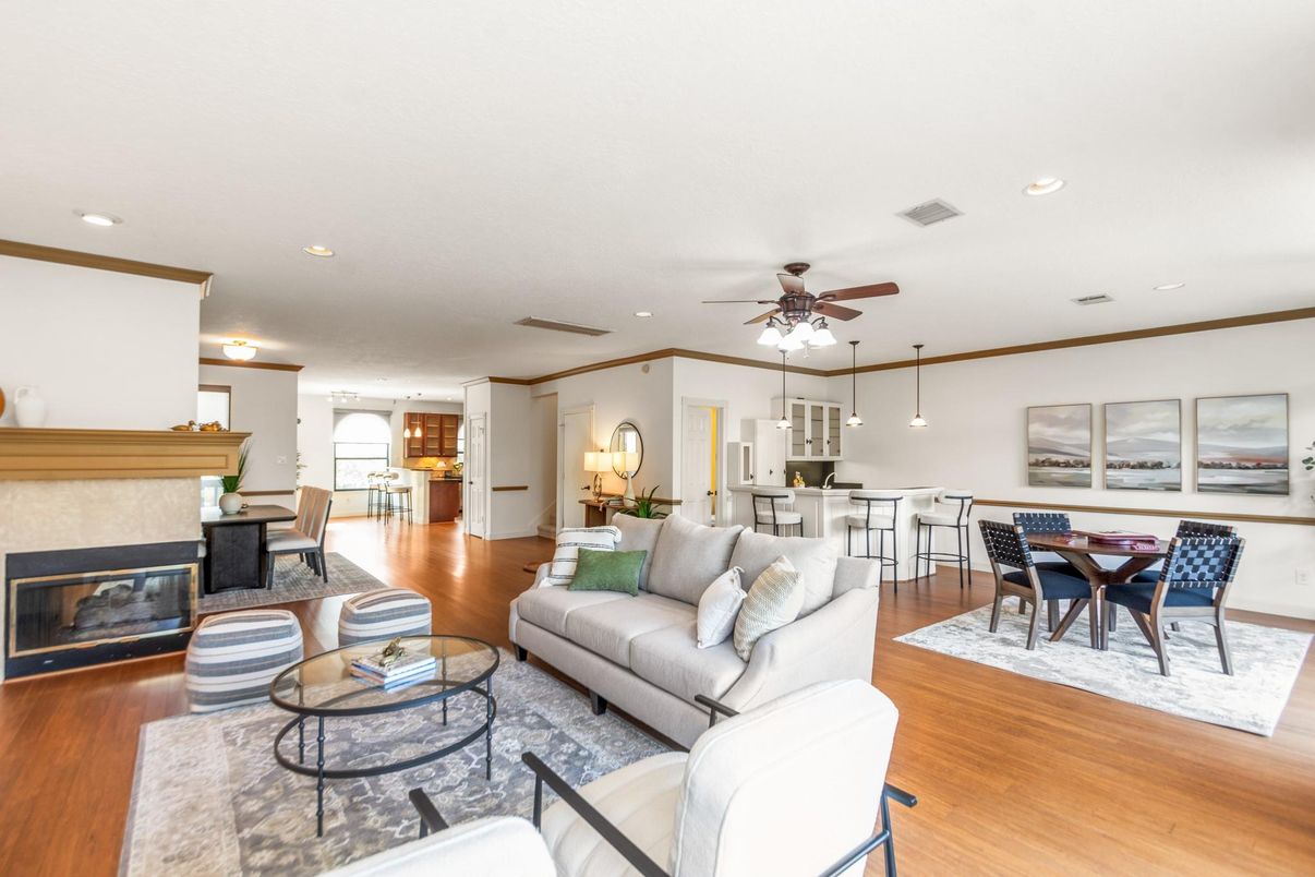 Dining room, Fireplace, Interior, Living room, Pendant Lights, Recessed Lighting, Wood Texture Flooring
