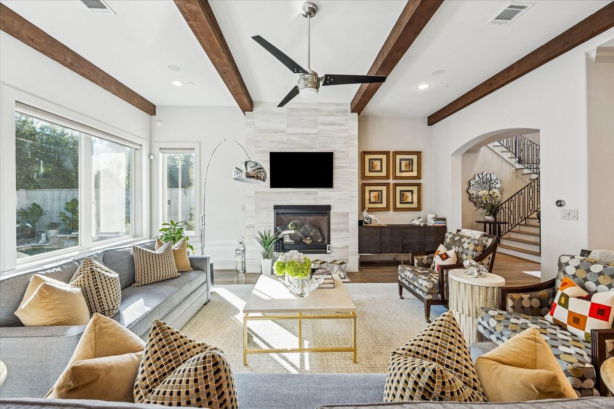 Fireplace, Interior, Living room, Recessed Lighting, Stone Walls, Wooden Beams