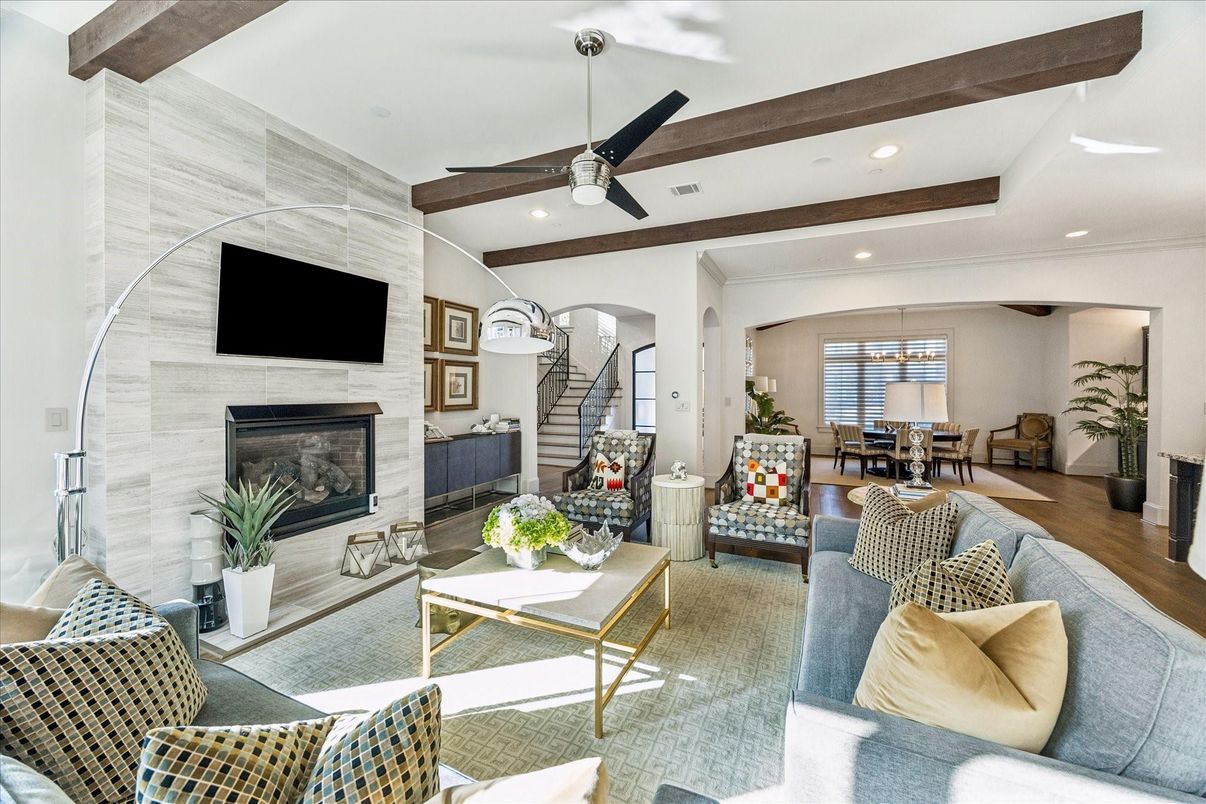 Dining room, Fireplace, Interior, Living room, Recessed Lighting, Wooden Beams, Wood Texture Flooring