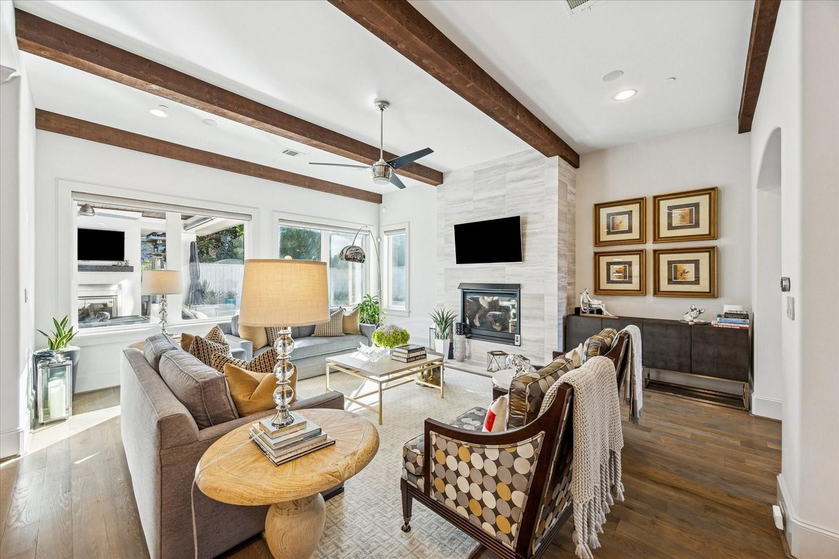 Fireplace, Interior, Living room, Recessed Lighting, Stone Walls, Wooden Beams, Wood Texture Flooring