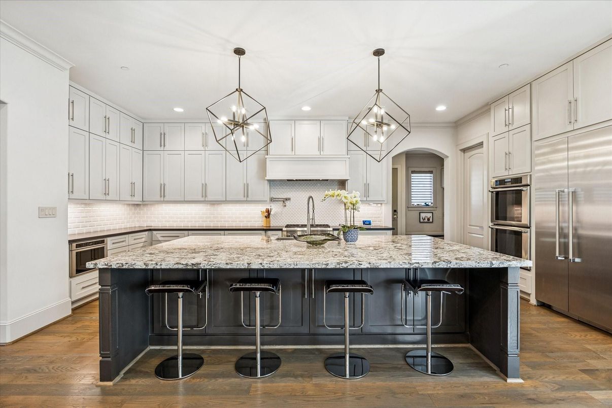 Interior, Kitchen, Pendant Lights, Recessed Lighting, Stainless Steel Appliances, Wood Texture Flooring