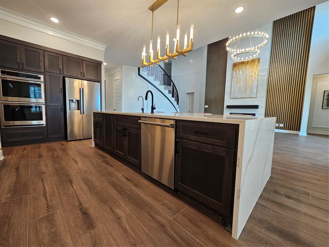 Interior, Kitchen, Pendant Lights, Recessed Lighting, Stainless Steel Appliances, Wood Texture Flooring