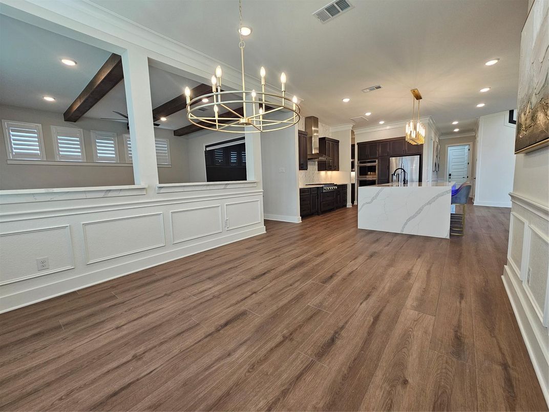 Chandelier, Interior, Kitchen, Pendant Lights, Recessed Lighting, Stainless Steel Appliances, Wood Texture Flooring