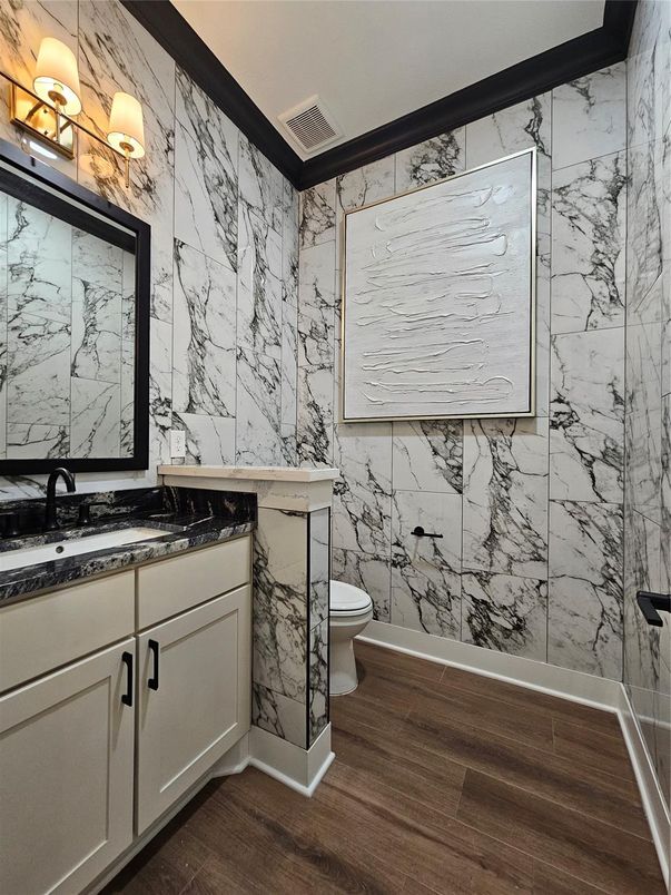 Bathroom, Interior, Marble Walls, Wood Texture Flooring