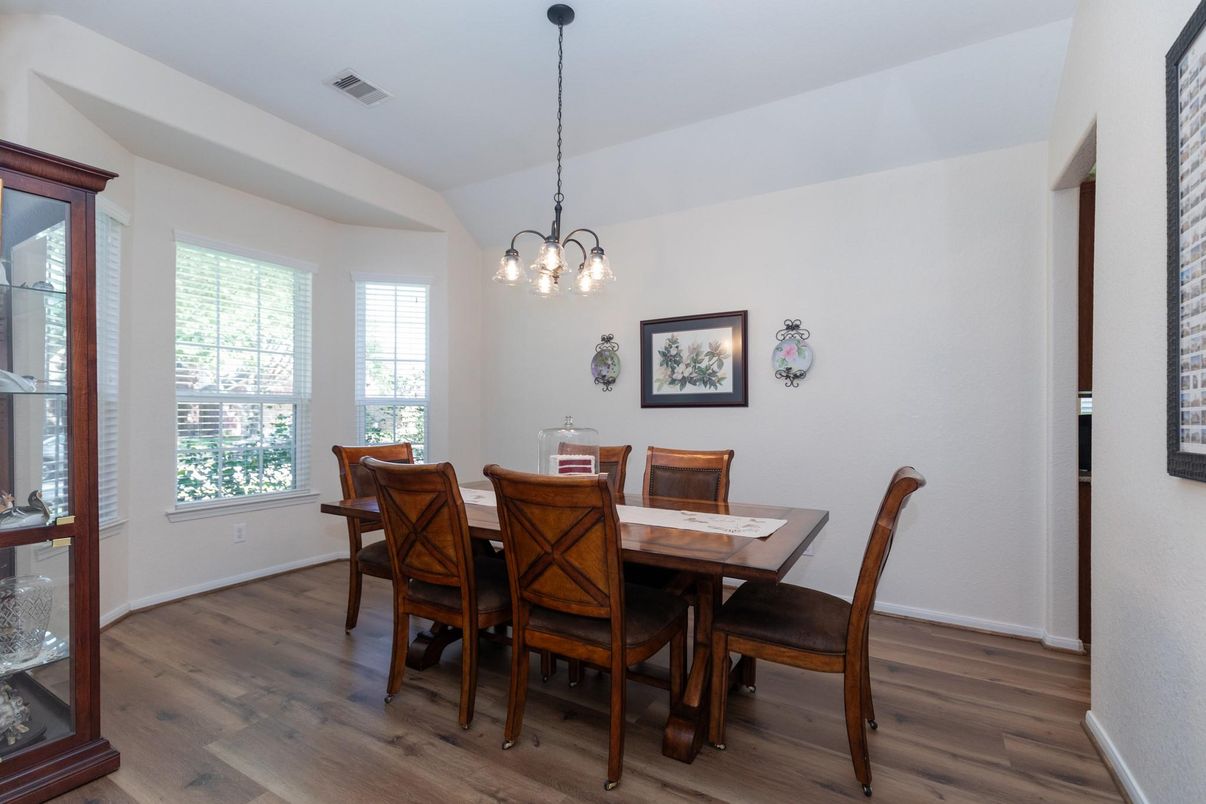 Dining room, Interior, Pendant Lights, Wood Texture Flooring
