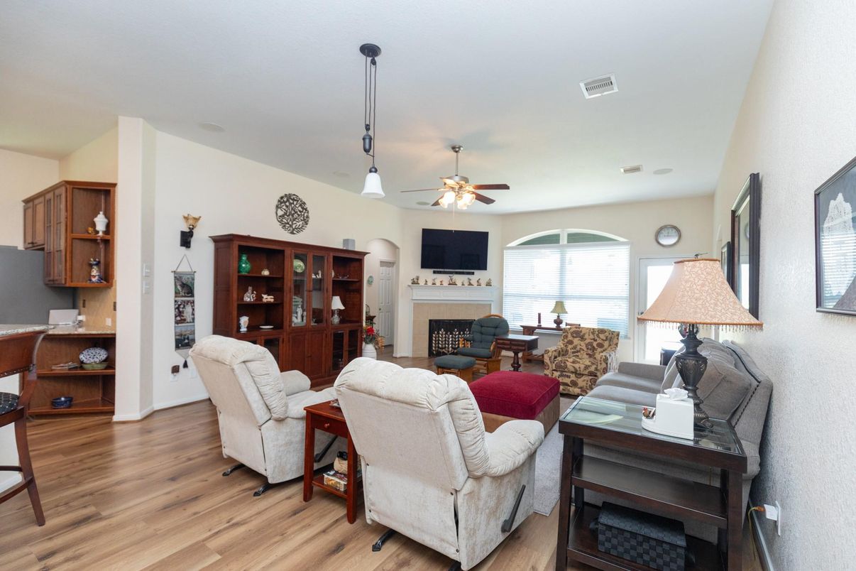 Fireplace, Interior, Living room, Pendant Lights, Wood Texture Flooring