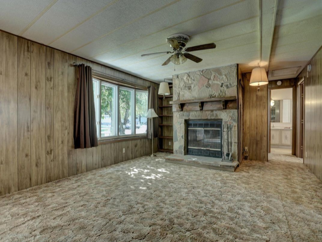 Empty room, Fireplace, Interior, Pendant Lights, Stone Walls, Wooden Walls