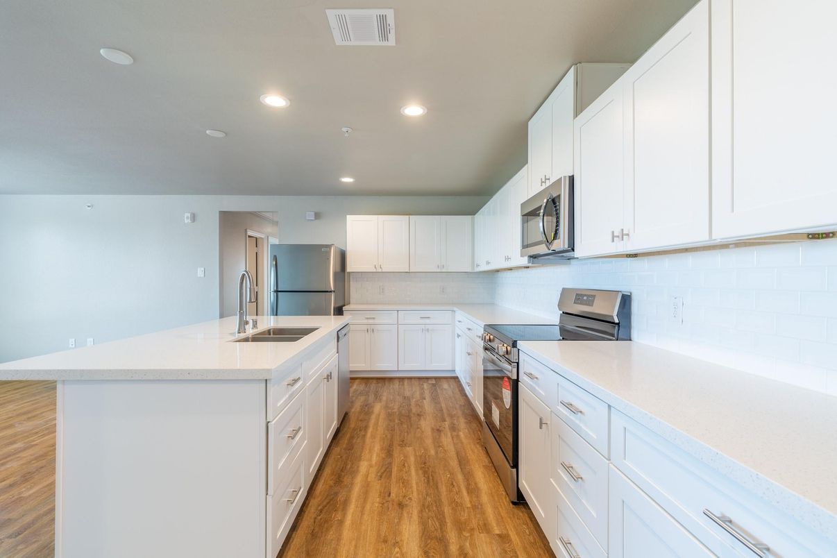 Interior, Kitchen, Recessed Lighting, Stainless Steel Appliances, Wood Texture Flooring