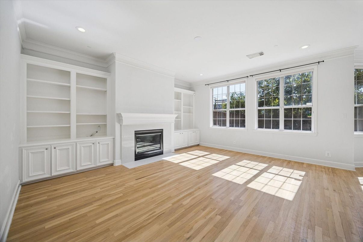 Empty room, Fireplace, Interior, Recessed Lighting, Wood Texture Flooring
