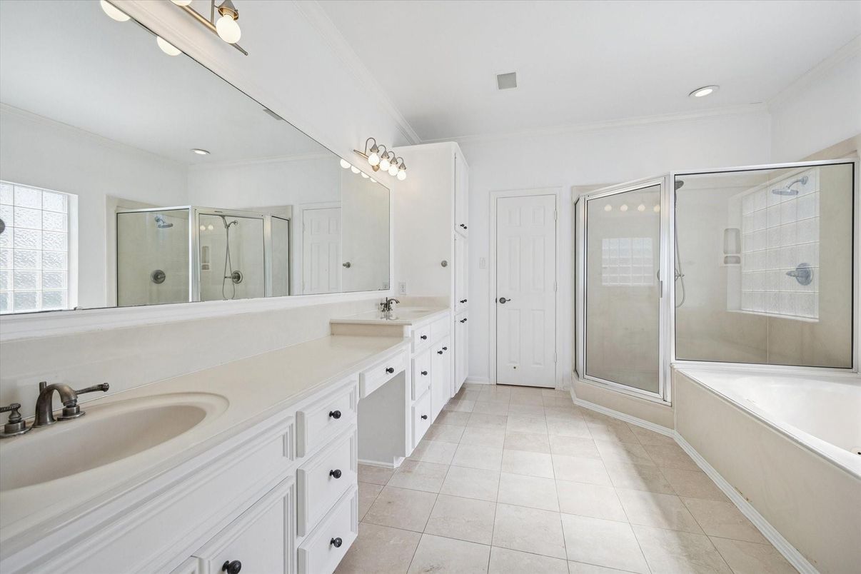Bathroom, Dual Sink Vanities, Glass Shower, Interior, Recessed Lighting