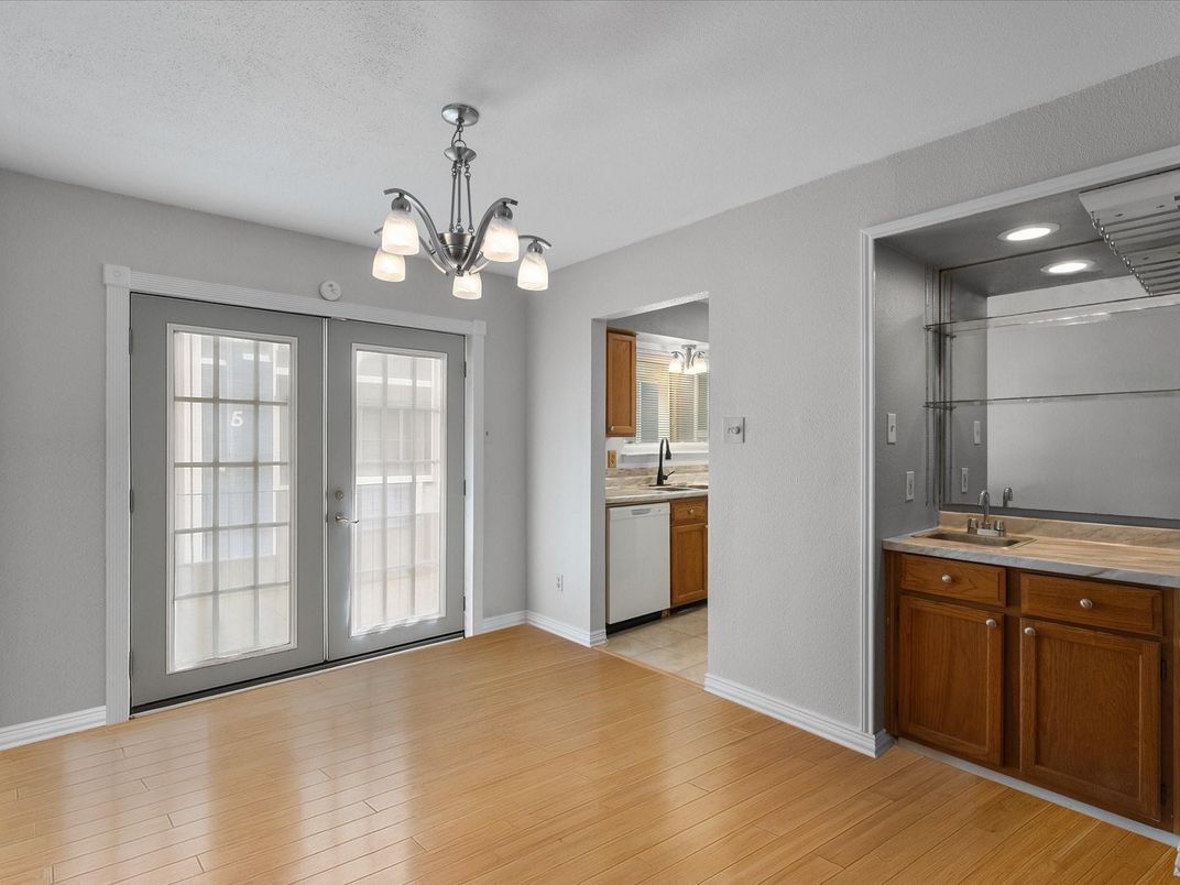Bathroom, Chandelier, Interior, Kitchen, Recessed Lighting, Wood Texture Flooring