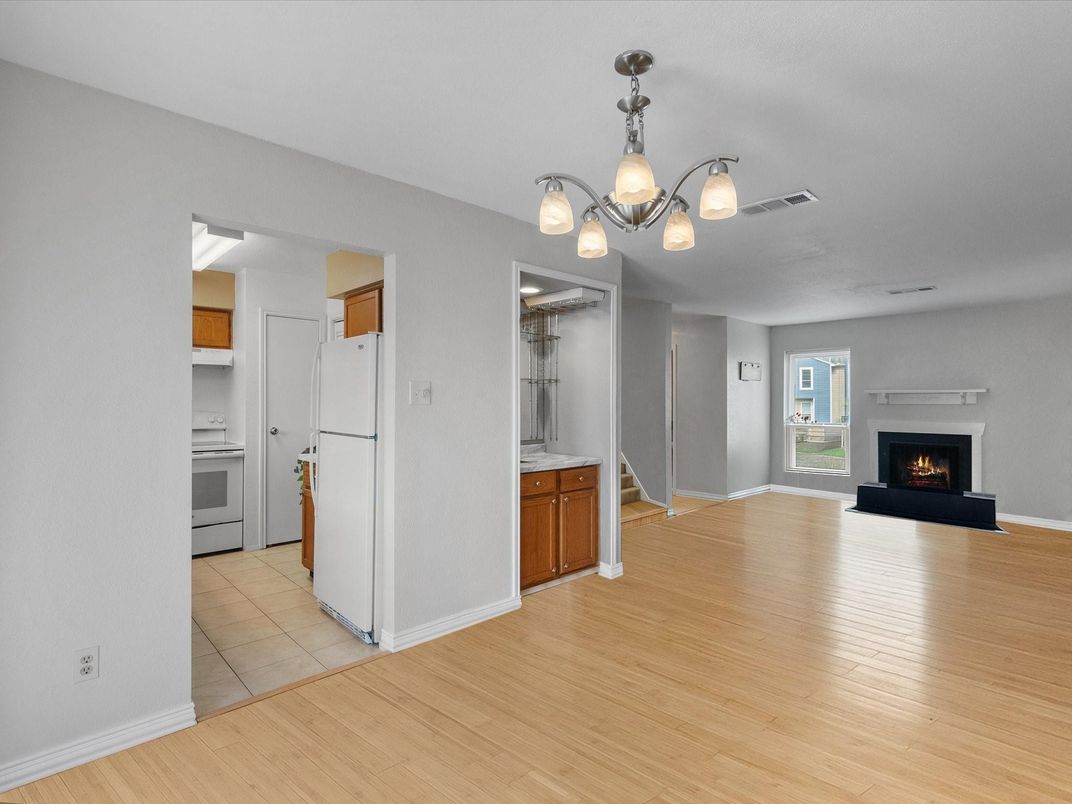 Empty room, Fireplace, Interior, Kitchen, Wood Texture Flooring