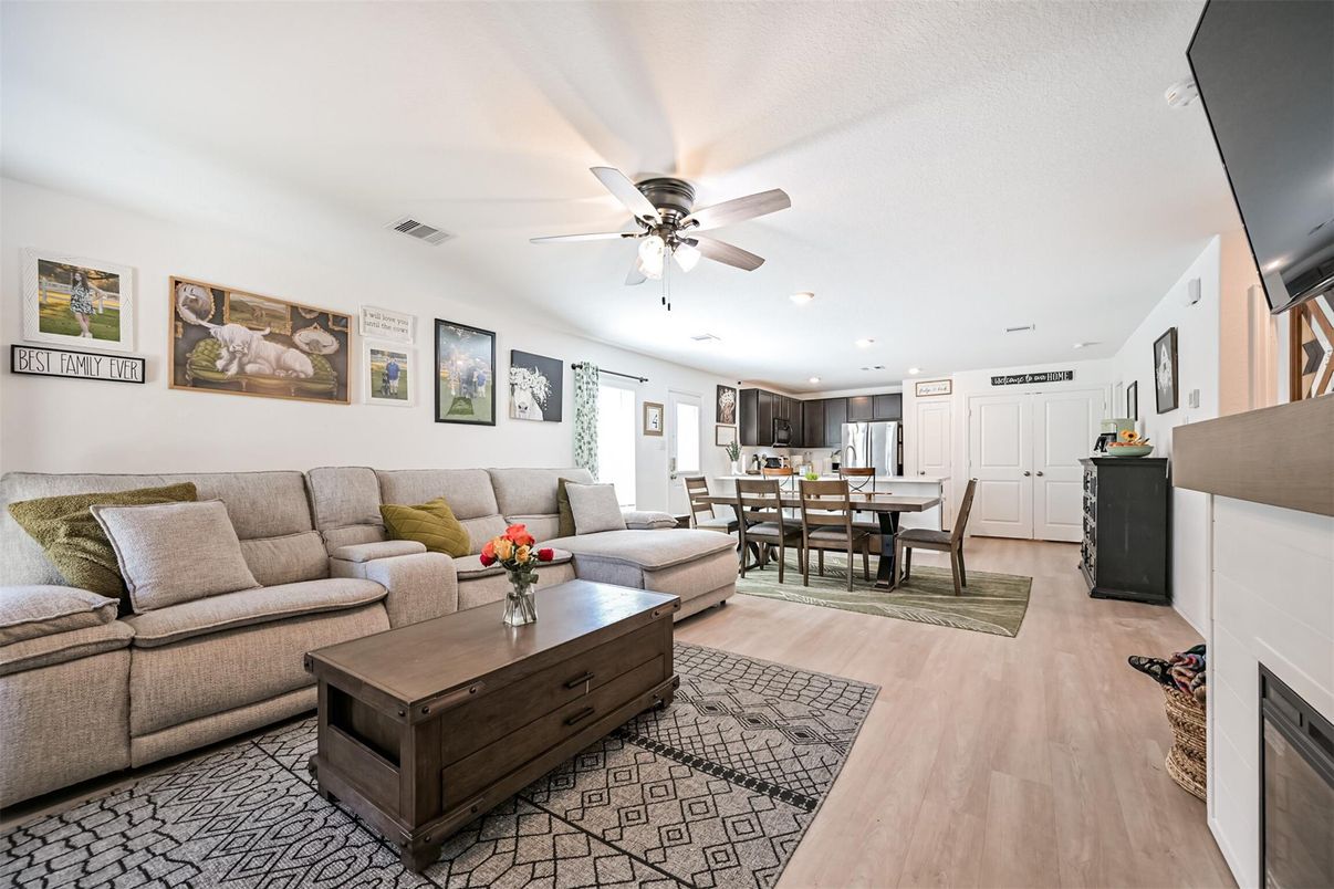 Dining room, Fireplace, Interior, Kitchen, Living room, Recessed Lighting, Wood Texture Flooring