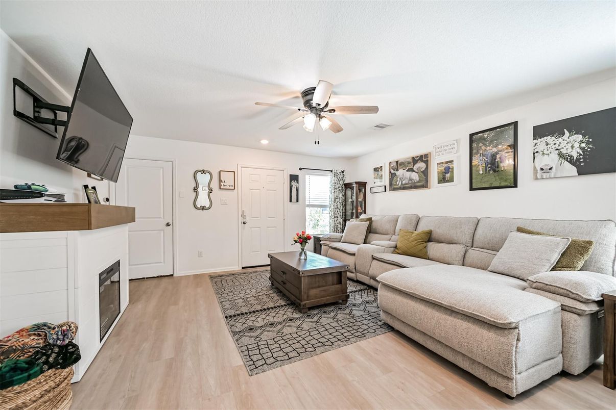 Fireplace, Interior, Living room, Recessed Lighting, Wood Texture Flooring