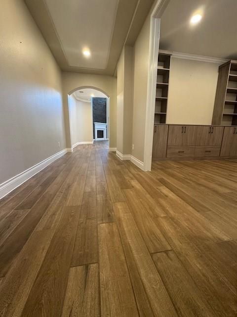 Empty room, Fireplace, Interior, Recessed Lighting, Wood Texture Flooring