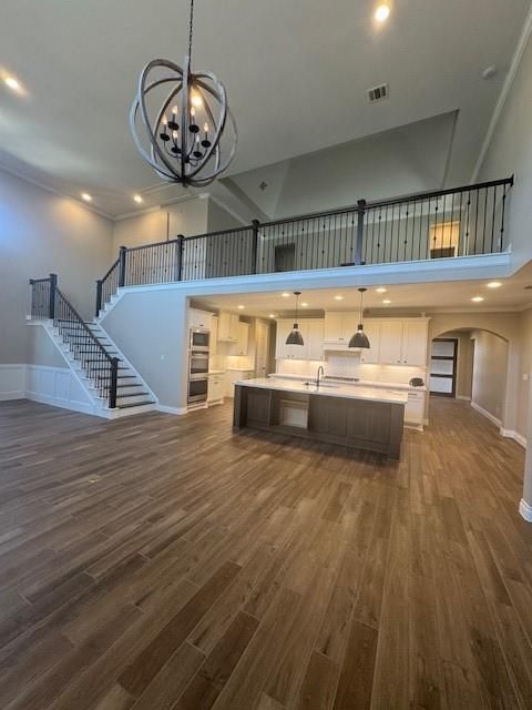 Chandelier, Interior, Kitchen, Pendant Lights, Recessed Lighting, Stainless Steel Appliances, Wood Texture Flooring