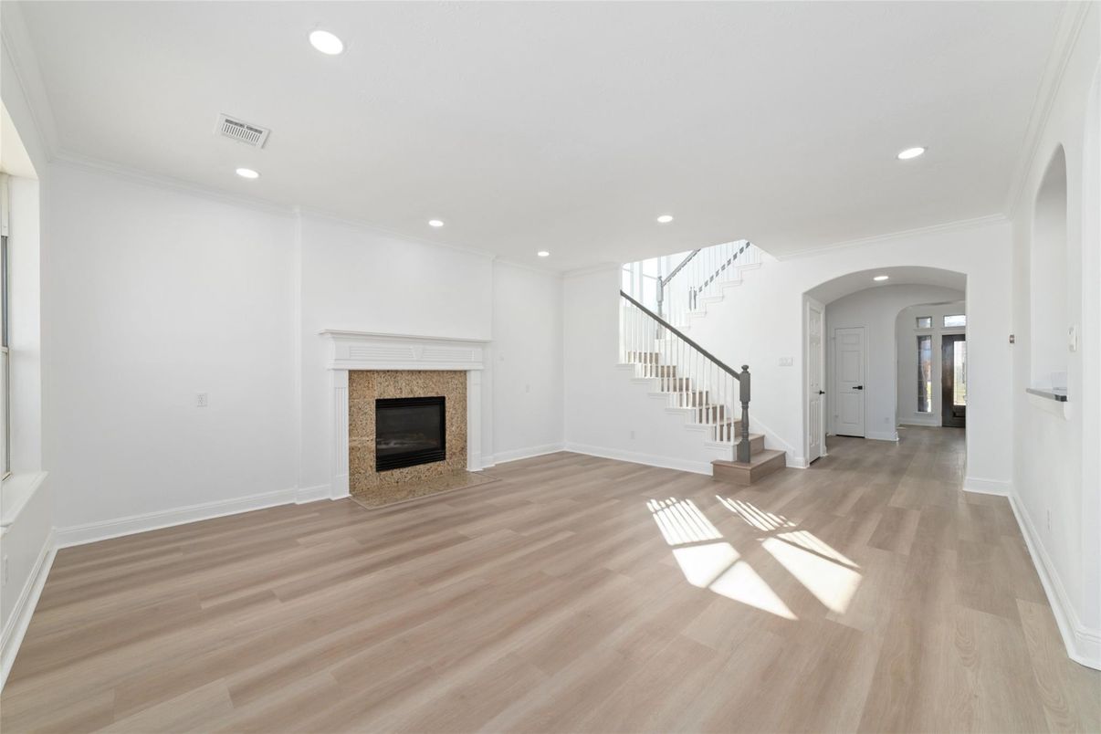 Empty room, Fireplace, Interior, Recessed Lighting, Wood Texture Flooring