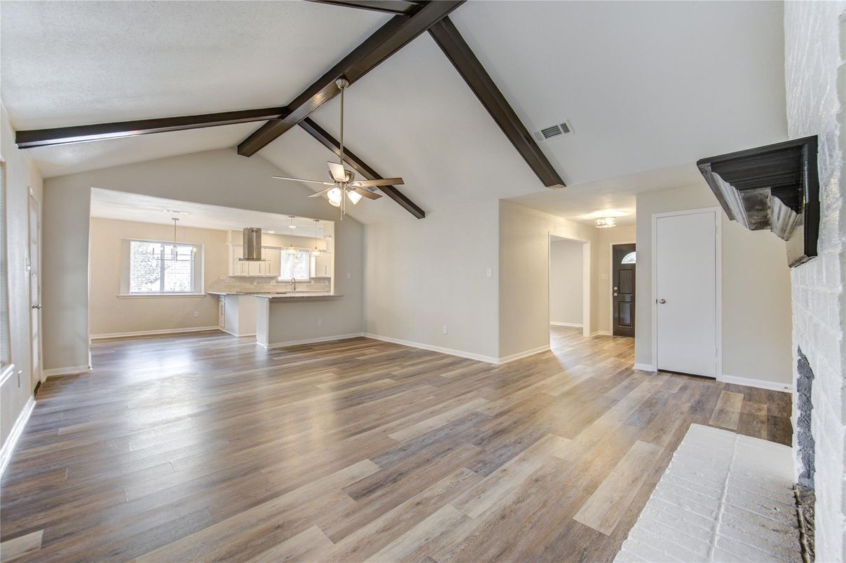 Empty room, Interior, Pendant Lights, Wooden Beams, Wood Texture Flooring