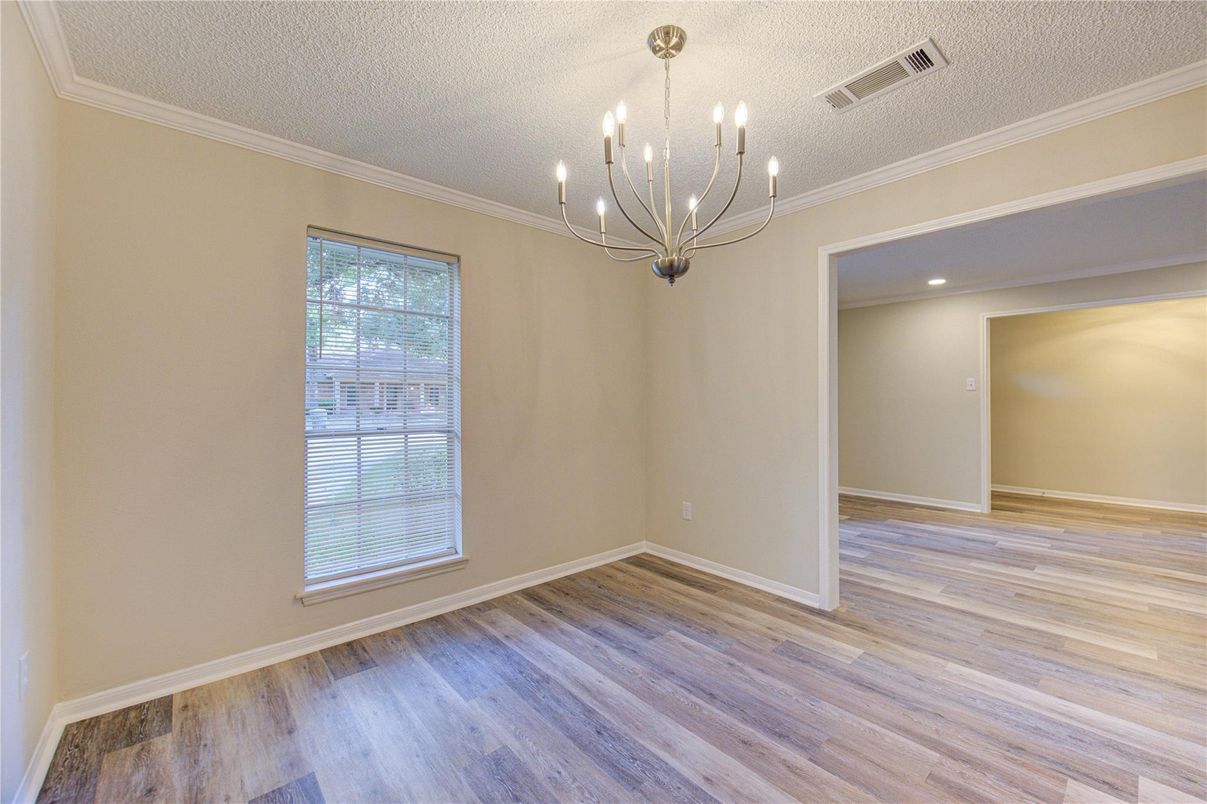 Chandelier, Empty room, Interior, Recessed Lighting, Wood Texture Flooring