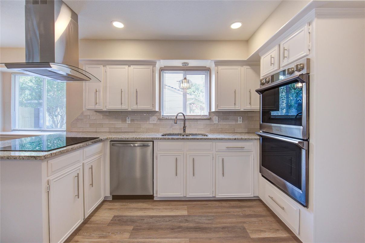 Interior, Kitchen, Recessed Lighting, Stainless Steel Appliances, Wood Texture Flooring