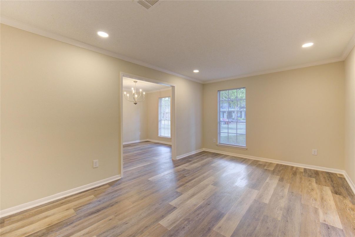 Chandelier, Empty room, Interior, Recessed Lighting, Wood Texture Flooring