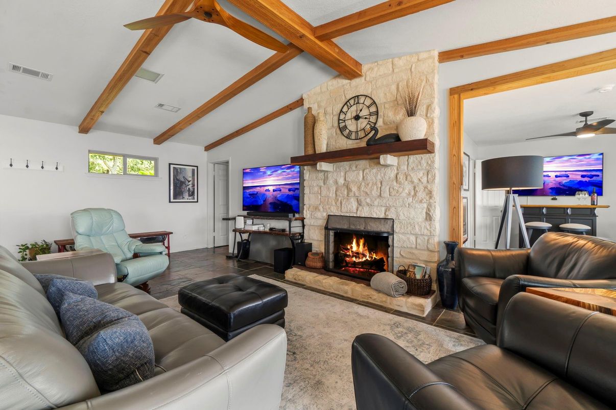 Fireplace, Interior, Living room, Stone Walls, Wooden Beams