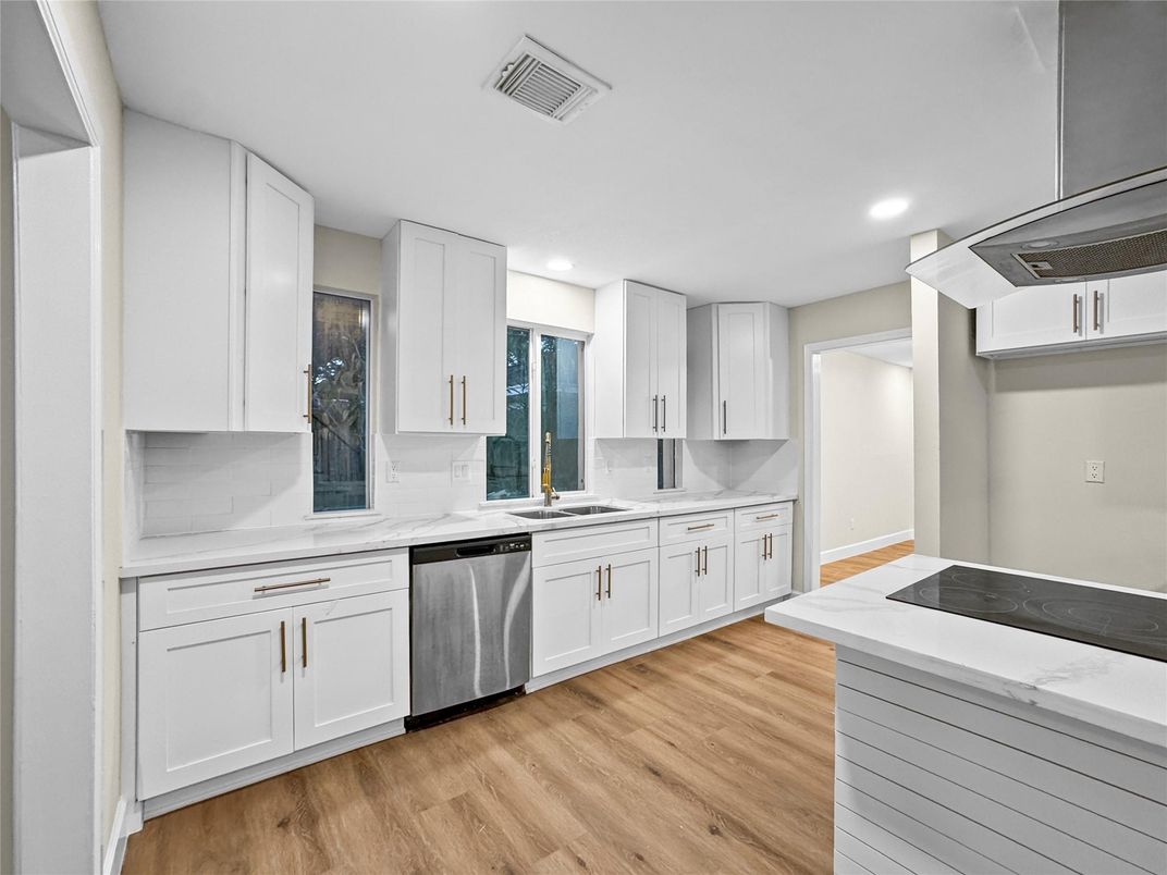 Interior, Kitchen, Recessed Lighting, Stainless Steel Appliances, Wood Texture Flooring