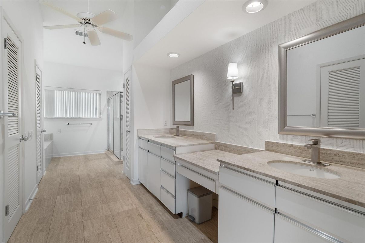 Bathroom, Dual Sink Vanities, Interior, Recessed Lighting, Wood Texture Flooring