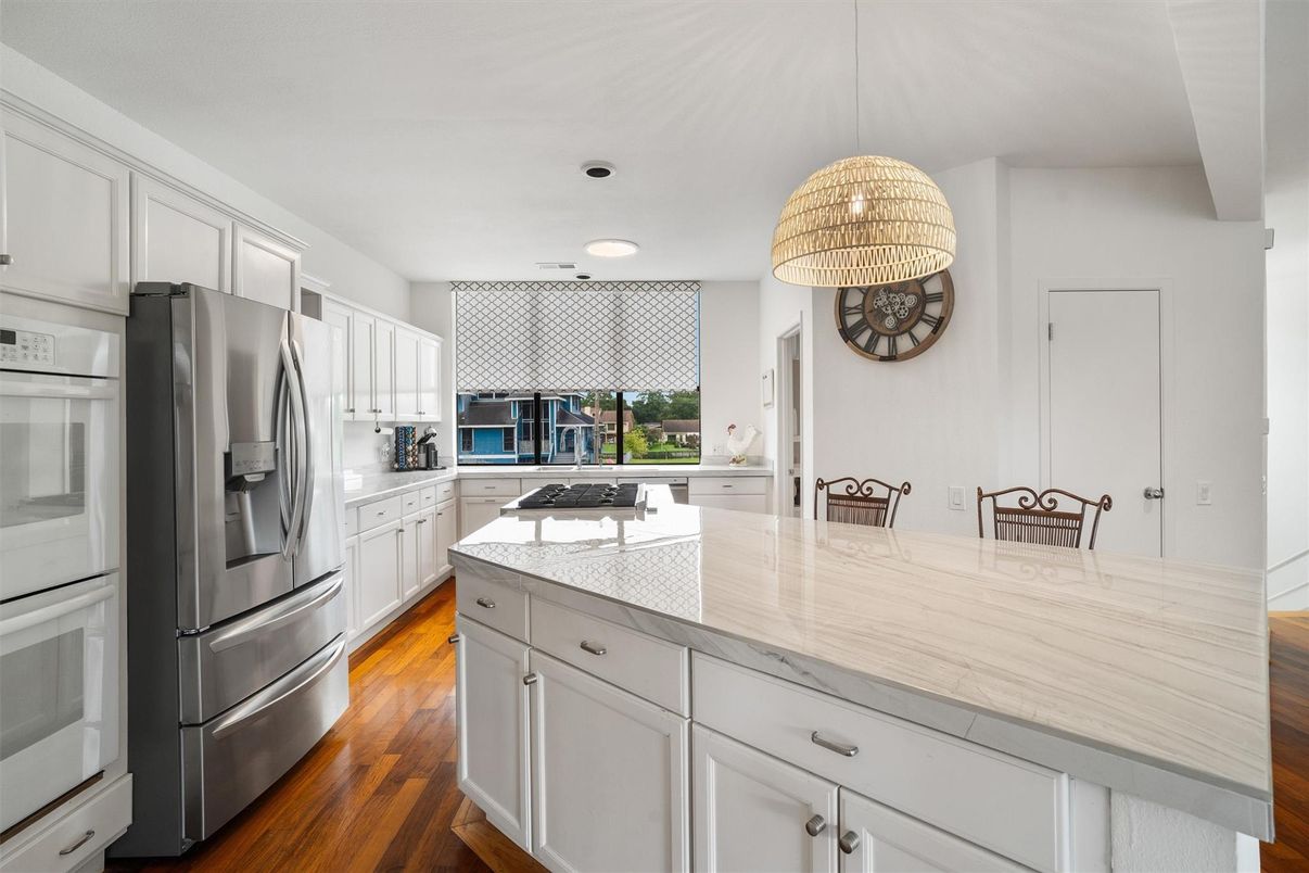 Interior, Kitchen, Pendant Lights, Recessed Lighting, Stainless Steel Appliances, Wood Texture Flooring