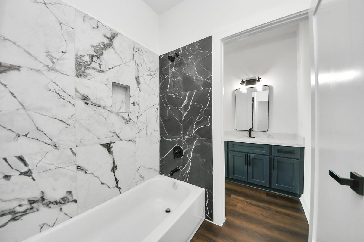 Bathroom, Interior, Marble Walls, Wood Texture Flooring