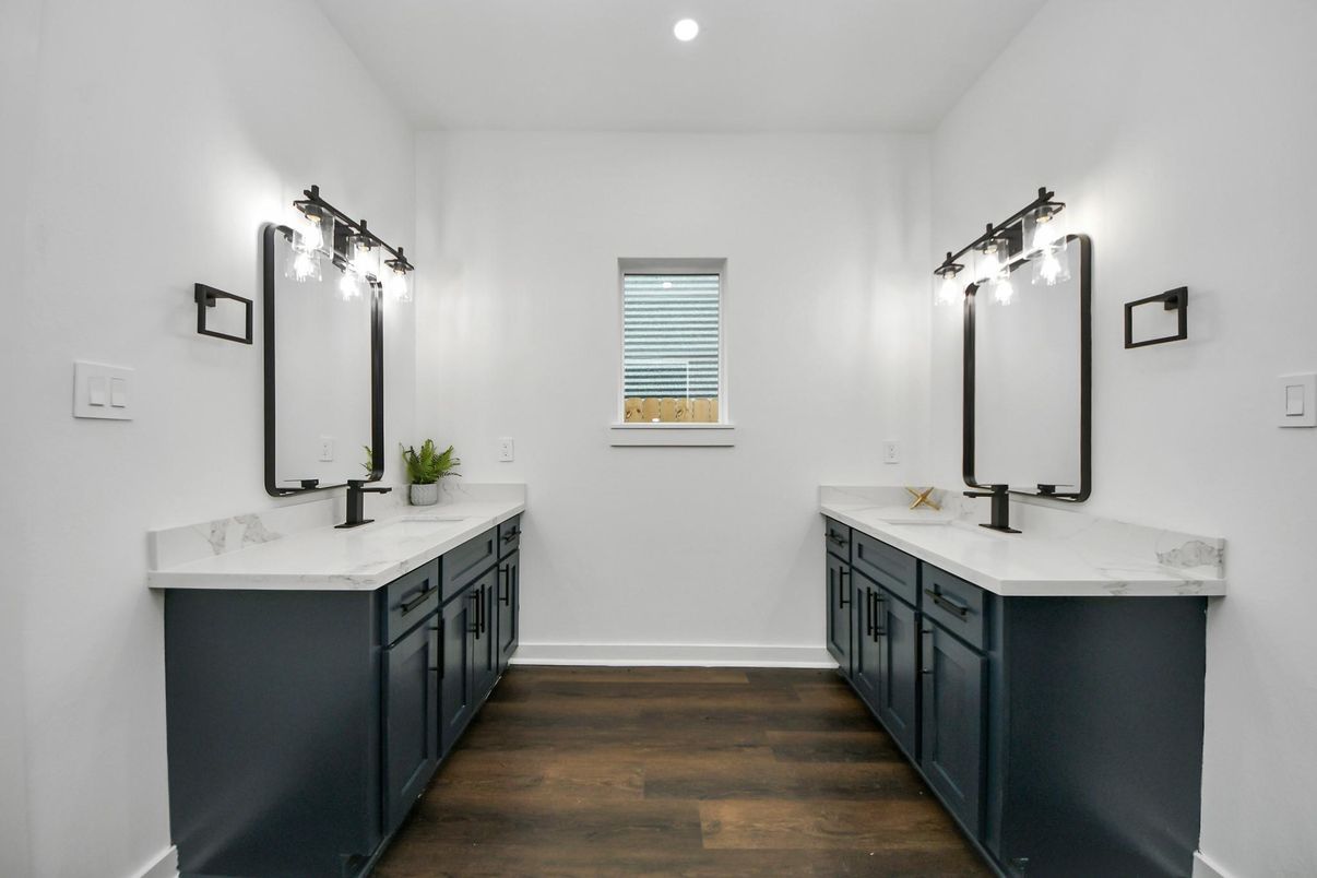 Bathroom, Dual Sink Vanities, Interior, Recessed Lighting, Wood Texture Flooring