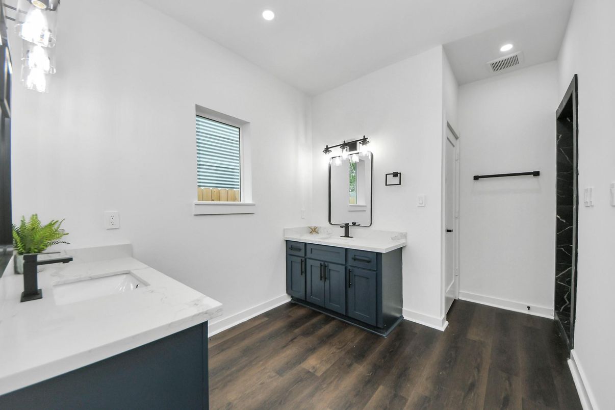 Bathroom, Dual Sink Vanities, Interior, Recessed Lighting, Wood Texture Flooring