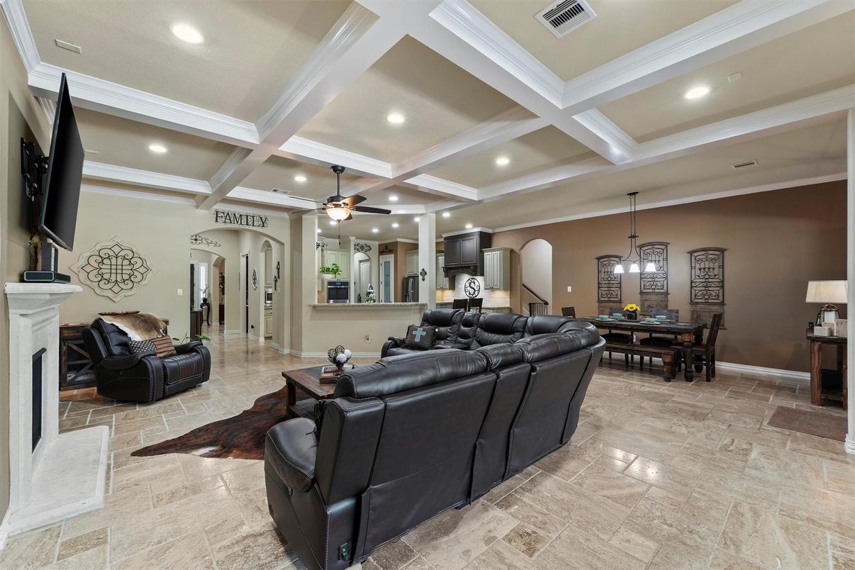 Dining room, Fireplace, Interior, Living room, Pendant Lights, Recessed Lighting