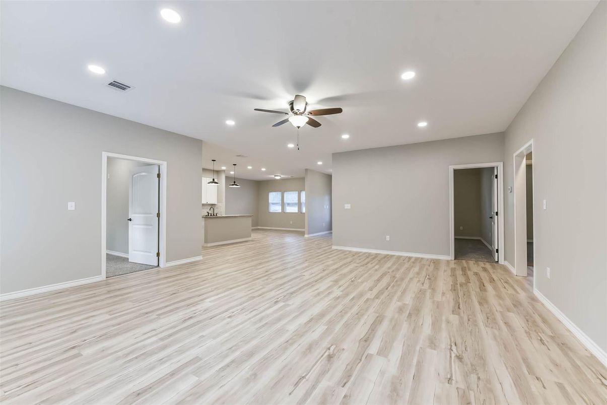 Empty room, Interior, Kitchen, Pendant Lights, Recessed Lighting, Wood Texture Flooring