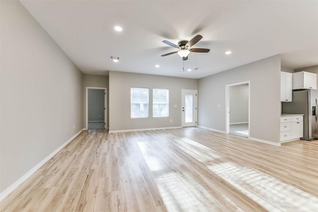 Empty room, Interior, Kitchen, Recessed Lighting, Wood Texture Flooring