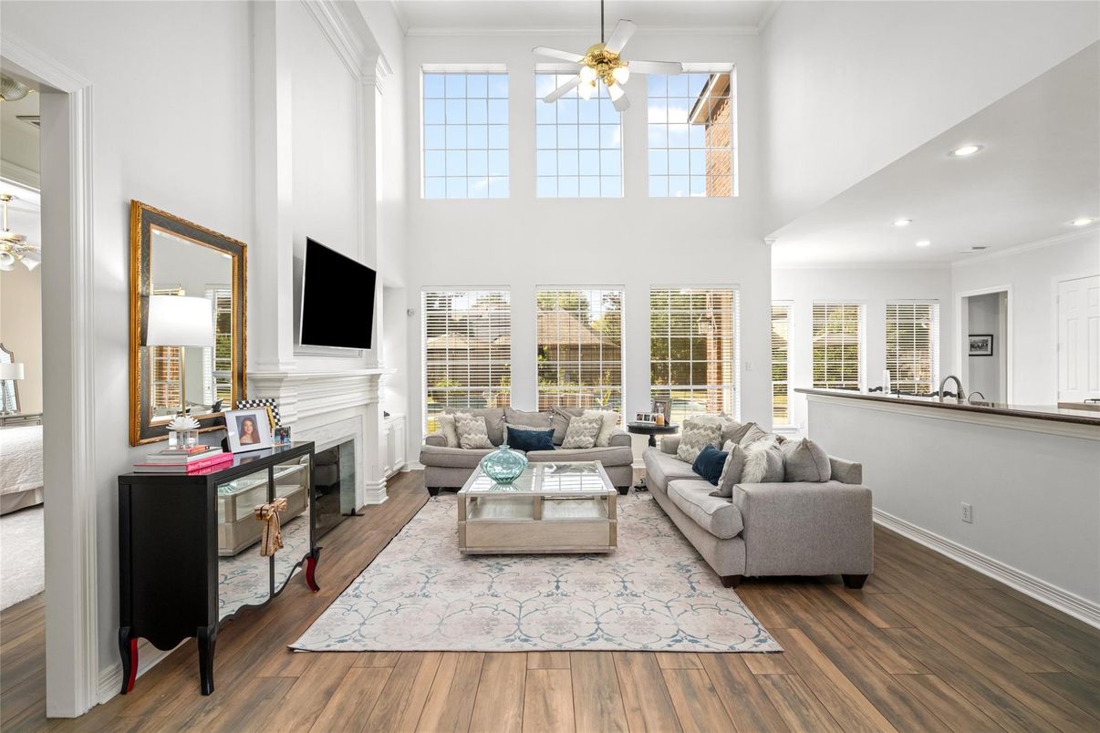 Fireplace, Interior, Living room, Recessed Lighting, Wood Texture Flooring