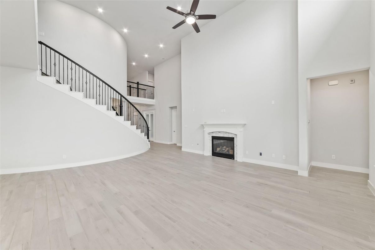 Empty room, Fireplace, Interior, Recessed Lighting, Wood Texture Flooring
