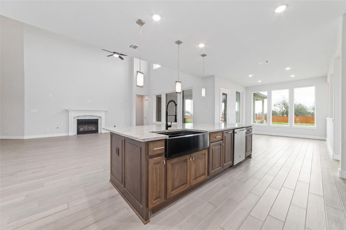 Fireplace, Interior, Kitchen, Pendant Lights, Recessed Lighting, Wood Texture Flooring