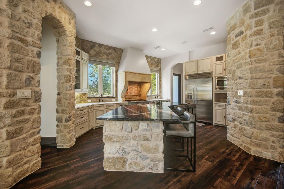 Interior, Kitchen, Recessed Lighting, Stainless Steel Appliances, Stone Walls, Wood Texture Flooring