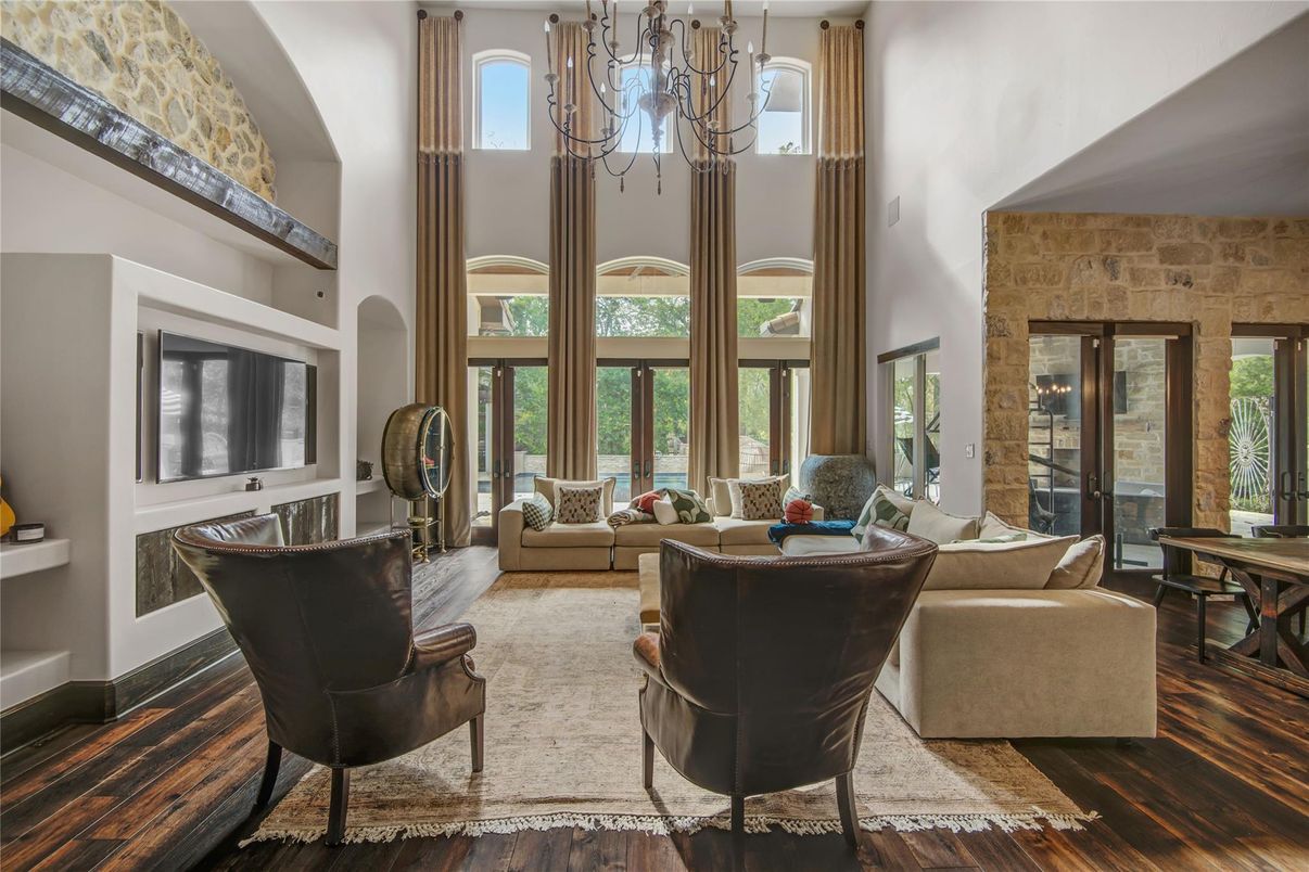 Chandelier, Interior, Living room, Stone Walls, Wood Texture Flooring