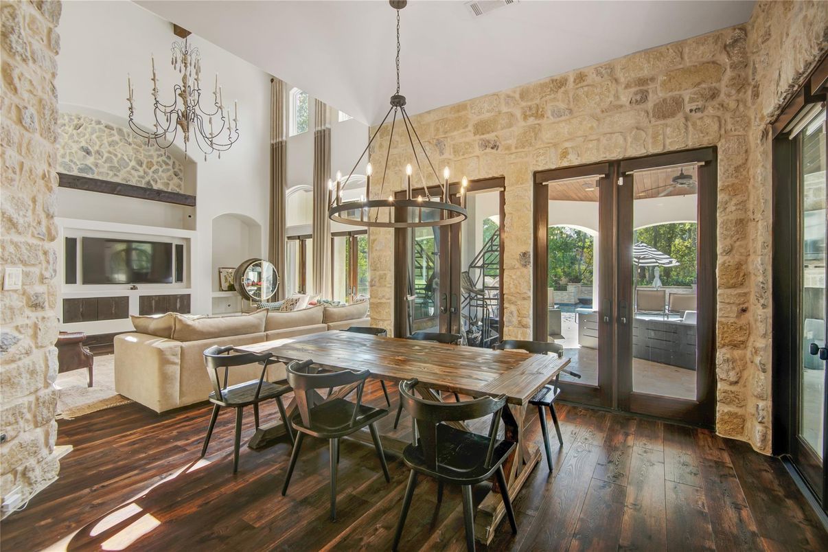 Chandelier, Dining room, Interior, Living room, Pendant Lights, Stone Walls, Wood Texture Flooring