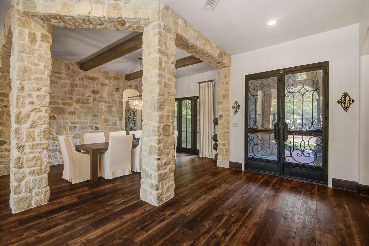 Dining room, Interior, Recessed Lighting, Stone Walls, Wooden Beams, Wood Texture Flooring