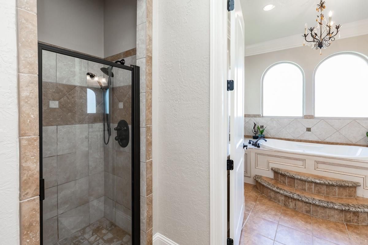 Bathroom, Chandelier, Glass Shower, Interior, Recessed Lighting