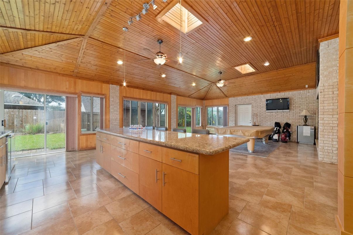 Interior, Kitchen, Recessed Lighting, Stone Walls, Wooden Ceilings
